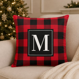 Koolrode Zwarte Buffalo Plaid Monogram Kerstmis Kussen