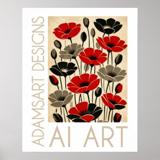 Koolrode & Zwarte Retro Klaprozen Bloemstuk Poster