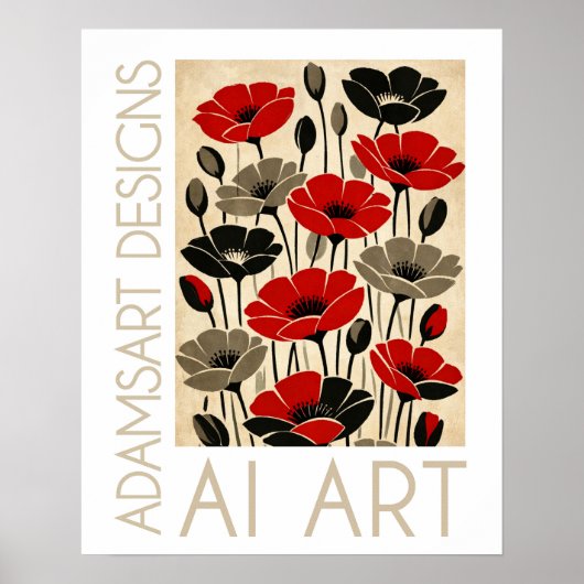 Koolrode & Zwarte Retro Klaprozen Bloemstuk Poster (Voorkant)
