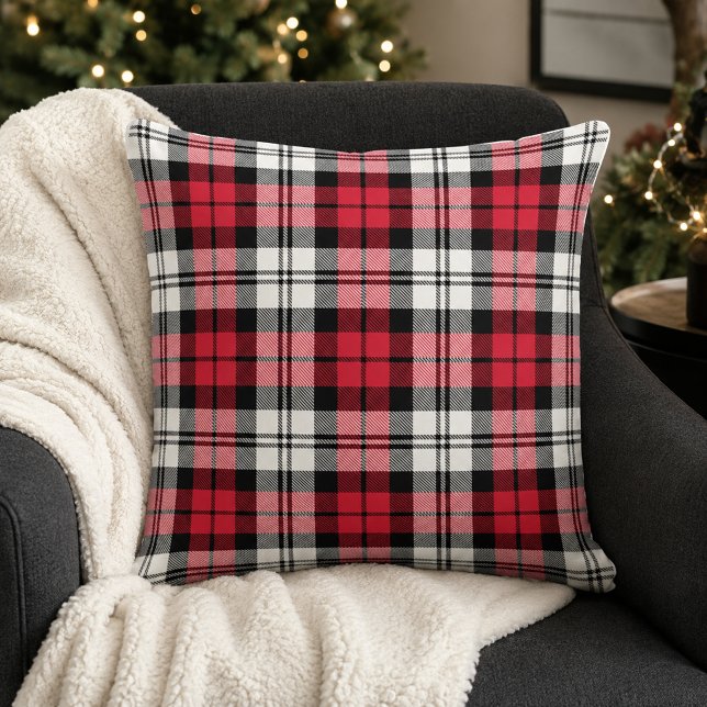 Koolrode Zwarte Witte Tartan Plaid Kerstmis Kussen (Creator heeft geüpload)