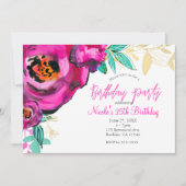 Koolroze Moderne Bloemige Aquarel Verjaardagsfeest Kaart (Voorkant)