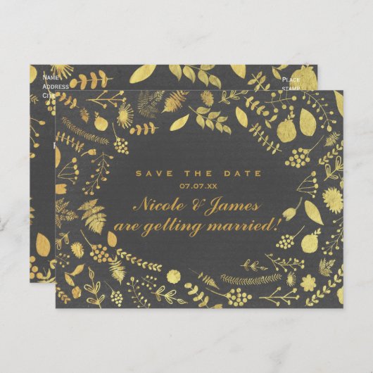 Koolsteengrijs en goudbloem besparen op datum Brie Aankondigingskaart (Voorkant / Achterkant)