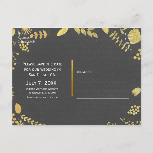 Koolsteengrijs en goudbloem besparen op datum Brie Aankondigingskaart (Achterkant)