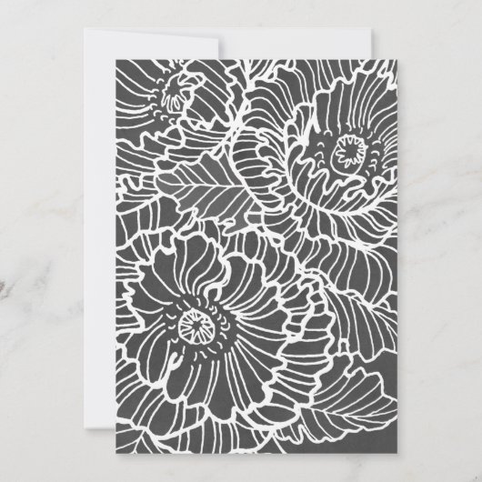 Koolsteengrijs met witte lineart papaverbloemen kaart (Achterkant)