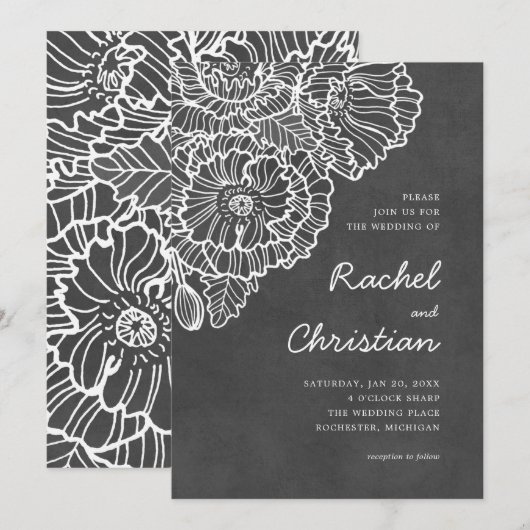 Koolsteengrijs met witte lineart papaverbloemen kaart (Voorkant / Achterkant)