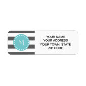 Koolsteengrijze witte strepen, Blauwgroen monogram Etiket (Voorkant)