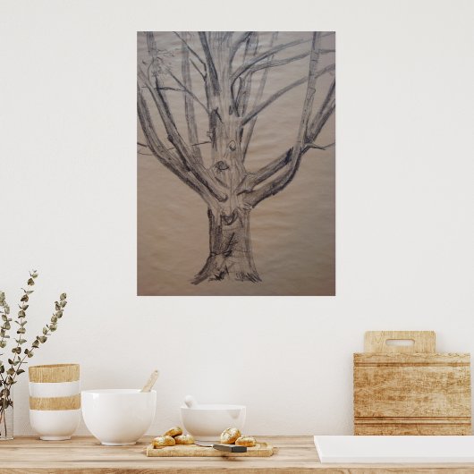 Koolsteentekening van een boom poster (Keuken)