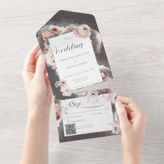 Koolsteenzwart en roze KR-code All In One Uitnodiging (Afscheurbaar)