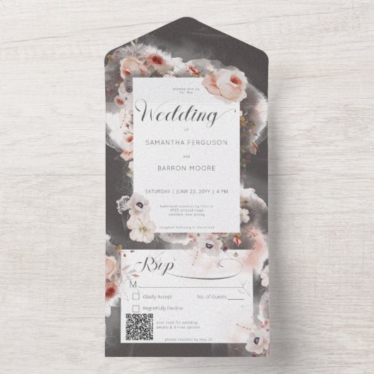  Koolsteenzwart en roze KR-code All In One Uitnodiging (Binnen)