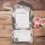 Koolsteenzwart en roze KR-code All In One Uitnodiging<br><div class="desc">BESCHIKBAAR MET OF ZONDER EEN QR-CODE OF MET OF ZONDER DINER SELECTION OPTIONS. Zacht en romantisch, dit ontwerp is voorzien van wazige roze, marsala-wijn rood en witte bloemen op een zachte, zwarte koolstof gekraakte achtergrond met spetters van witte waterverf. Voeg een code QR aan uw uitnodiging toe zodat de gasten...</div>