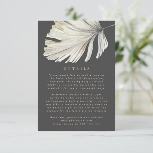 Koolstof crème Pampas Grass Floral Oerwoud Wedding Informatiekaartje (Staand voorkant)