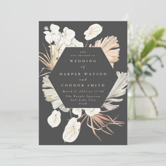 Koolstof crème Pampas Grass Floral Oerwoud Wedding Kaart (Staand voorkant)