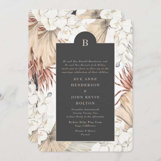 Koolstof crème Pampas Wreath Floral Border Wedding Kaart (Voorkant / Achterkant)