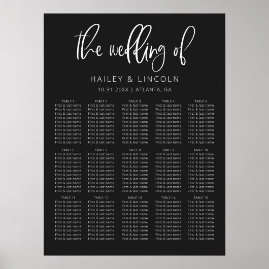 Koolstof Modern Minimalist Wedding Seating Chart Poster (Voorkant)