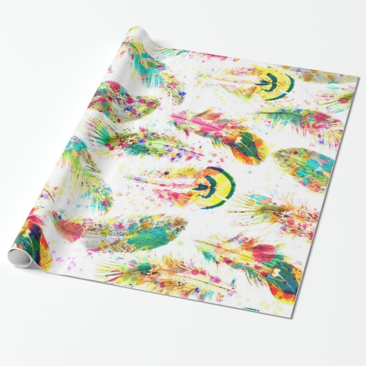 Kooltrendy waterverf neonsplatters veren cadeaupapier (Uitgerold)