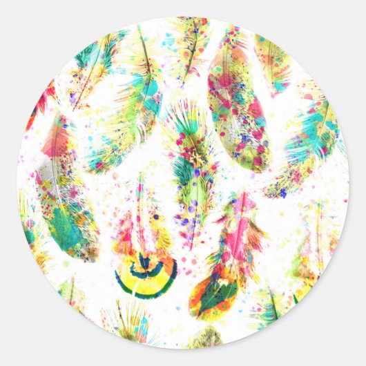 Kooltrendy waterverf neonsplatters veren ronde sticker (Voorkant)