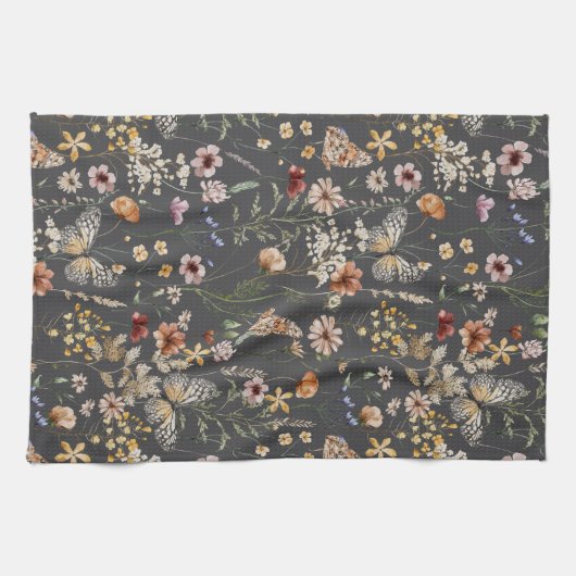 Koolzwart Aquarel Wilde Bloemen Theedoek (Horizontaal)