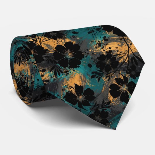 Koolzwart bloemensilhouet met turquoise & mosterd stropdas (Opgerold)