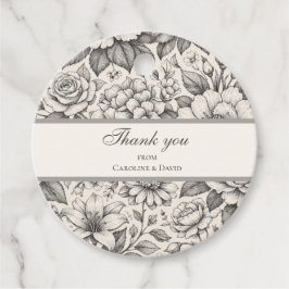 Koolzwart en wit geëtste bloemen klassiek bedankjes labels