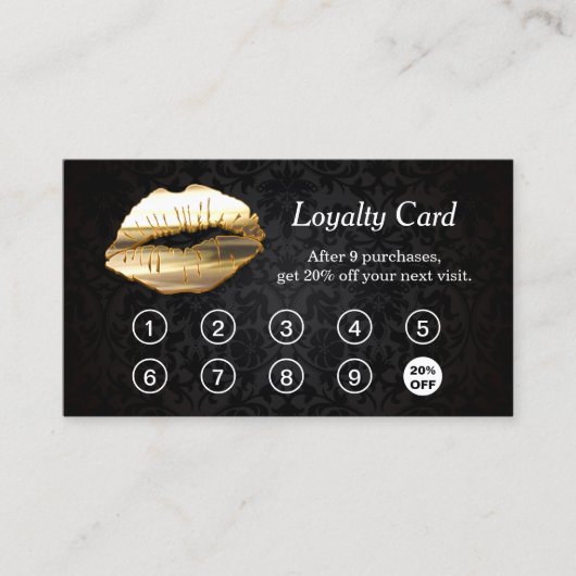 Koop 9 Krijg 10e Korting 3D Gold Lips Loyalty Kaar (Voorkant)