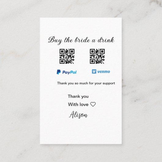 Koop de bruid een drink donatie QR Venmo PayPal Visitekaartje (Achterkant)
