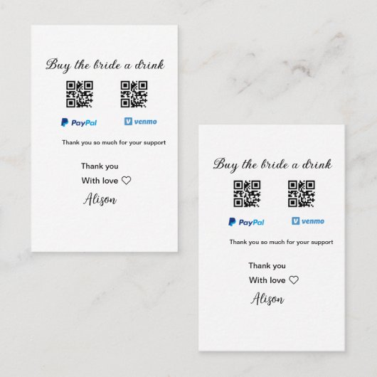 Koop de bruid een drink donatie QR Venmo PayPal Visitekaartje (Voorkant / Achterkant)