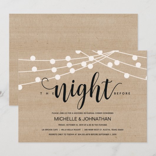 Koord licht bruiloft repetitie diner uitnodiging (Voorkant / Achterkant)