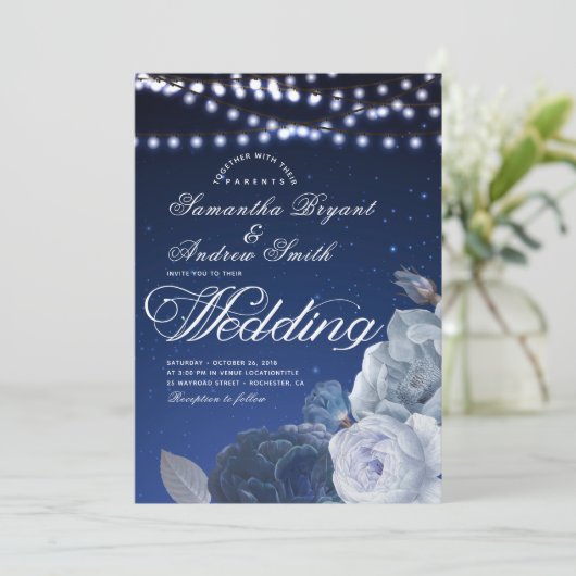 Koord lichtsterren Blauw Elegant Weddenschap Kaart (Staand voorkant)