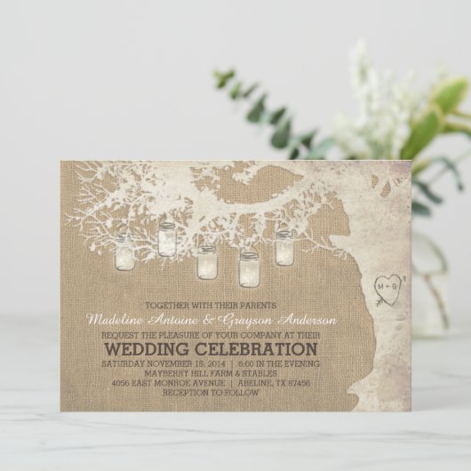 Koord op Mason Jar Lights Rustic Burlap Wedding Kaart (Staand voorkant)