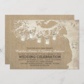 Koord op Mason Jar Lights Rustic Burlap Wedding Kaart (Voorkant / Achterkant)