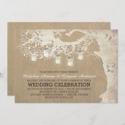 Koord op Mason Jar Lights Rustic Burlap Wedding Kaart (Voorkant / Achterkant)