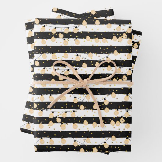 Koord van Lichten op Zwarte Witte Stripes Inpakpapier Vel (In situ)