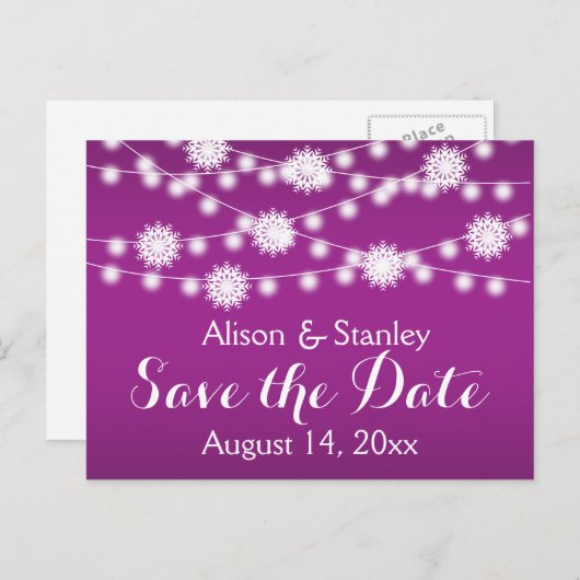 Koord van lichten, sneeuwvlokbruiloft Opslaan Datu Aankondigingskaart (Voorkant / Achterkant)