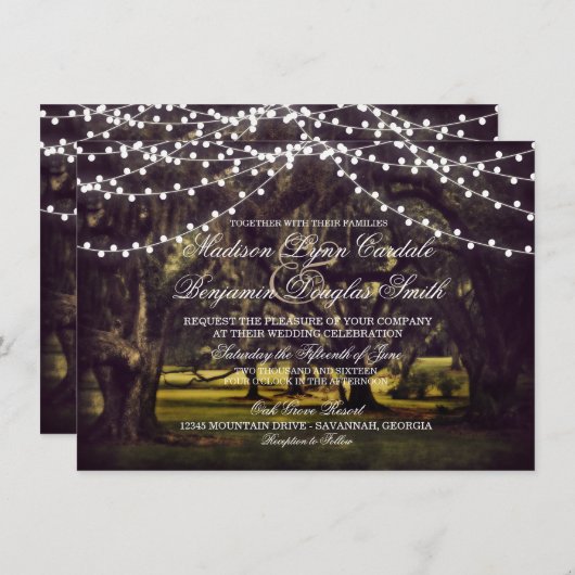 Koord van Lights Rustic Oak Tree Wedding Invites Kaart (Voorkant / Achterkant)