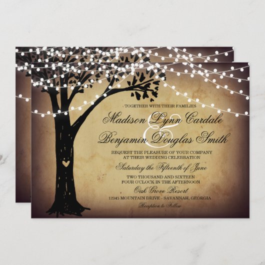 Koord van Lights Rustic Oak Tree Wedding Invites Kaart (Voorkant / Achterkant)