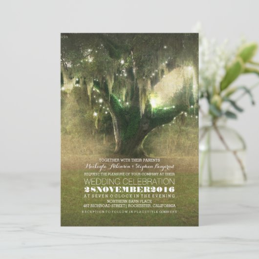 Koord van Lights Rustic Oak Tree Wedding Invites Kaart (Staand voorkant)