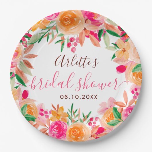 Kop fall bloemrijke waterverf bruiloft feest begra papieren bordje (Voorkant)