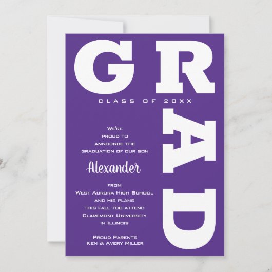 Kop GRAD Wit op Paarse Afstuderen  Aankondiging (Voorkant)