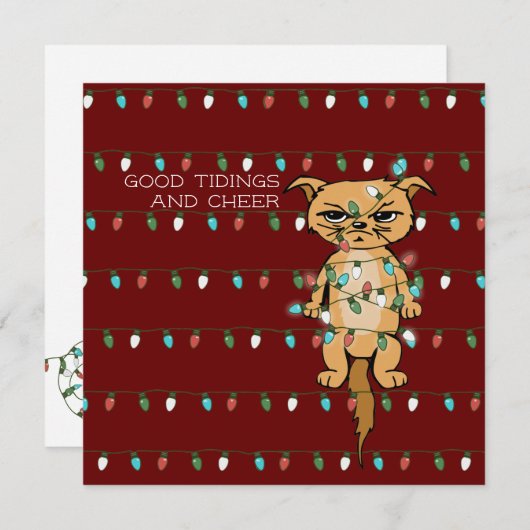 Kop; grappig getangleed Kat in mas lampjes rood Feestdagenkaart (Voorkant / Achterkant)