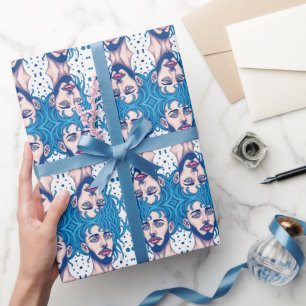 Kop van baardige buitenaardse met blauwe haren Sci Cadeaupapier