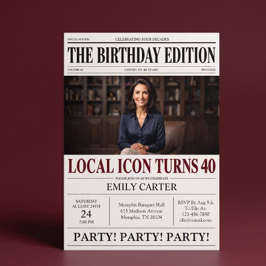 Kop van krant Grappig 40ste verpartijfeest Kaart