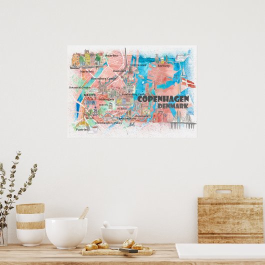 Kopenhagen Denemarken Illustratieve kaart met hoof Poster (Keuken)