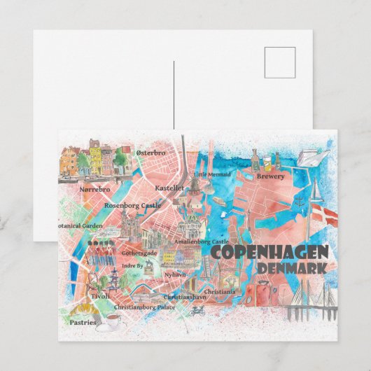 Kopenhagen Denemarken Schone Iconic City Map Briefkaart (Voorkant / Achterkant)