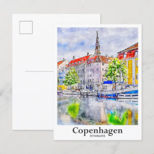Kopenhagen Denemarken Travel Waterverf Hand geteke Briefkaart