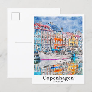 Kopenhagen Denemarken Travel Waterverf Hand geteke Briefkaart
