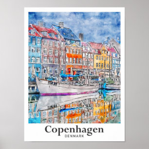 Kopenhagen Denemarken Travel Waterverf Hand geteke Poster