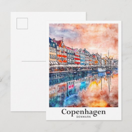 Kopenhagen Denemarken Waterverf Schets Hand geteke Briefkaart (Voorkant / Achterkant)