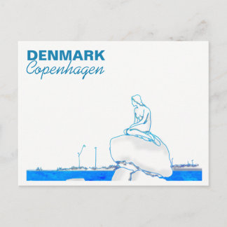 Kopenhagen Kleine Zeemeermin Tekening Blauw Briefkaart