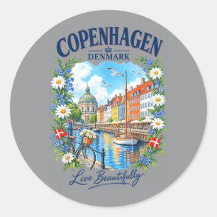 Kopenhagen Stad Denemarken Vlag Nyhavn Reizen Bloe Ronde Sticker