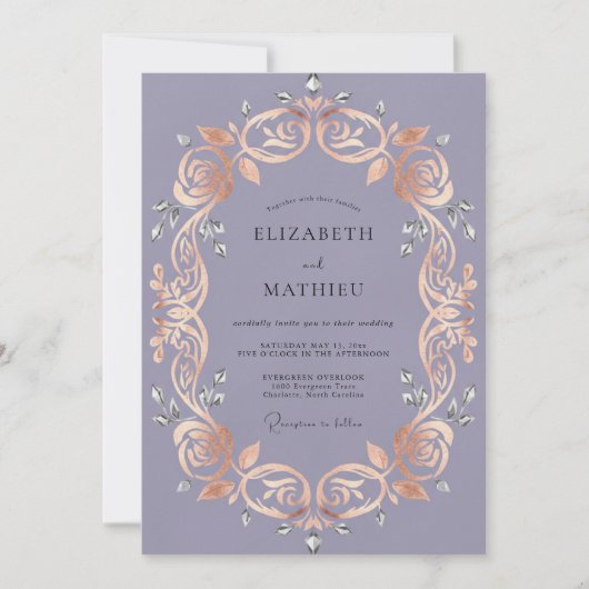 Koper Amethist Rol Eucalyptus Bruiloft Kaart (Voorkant)